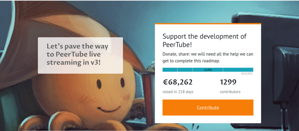 Strona zbiórki na rozwój PeerTube v3. Po lewej napis "Let's pave the way to PeerTube live streaming in v3!, po prawej informacja o obecnym stanie zbiórki.